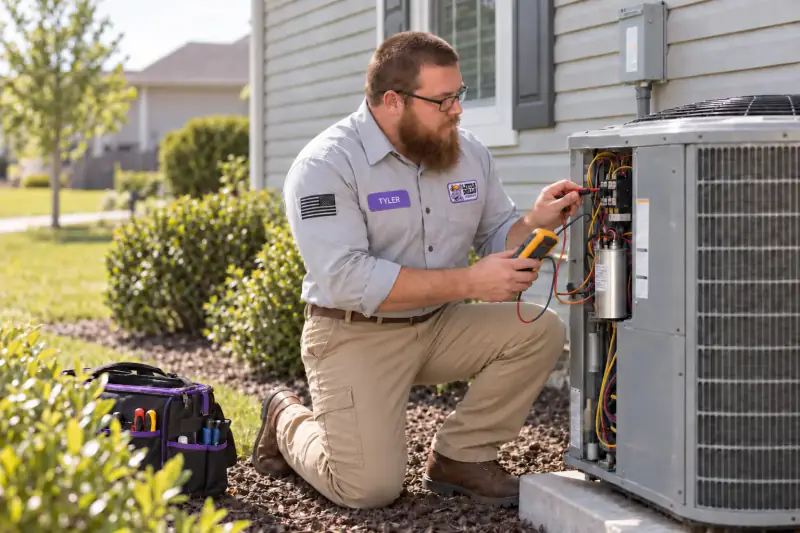 Tyler, owner of Little Dillo Service Co in Kokomo, IN, testing AC condenser wiring with a multimeter
