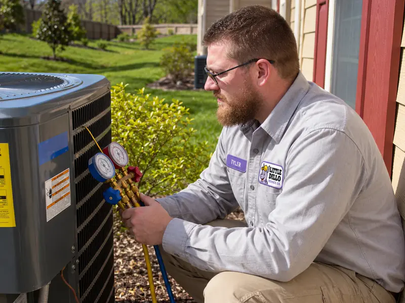 Little Dillo HVAC technician connecting refrigerant gauges to an outdoor heat pump or AC unit
