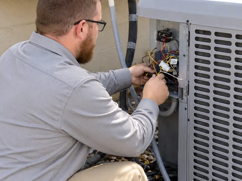 Little Dillo technician repairing the electrical connections inside an air conditioner condenser