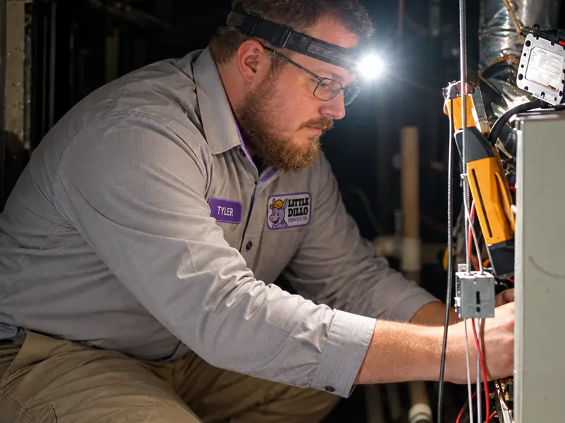 Little Dillo HVAC technician using a headlamp to work on heating equipment in a tight crawlspace
