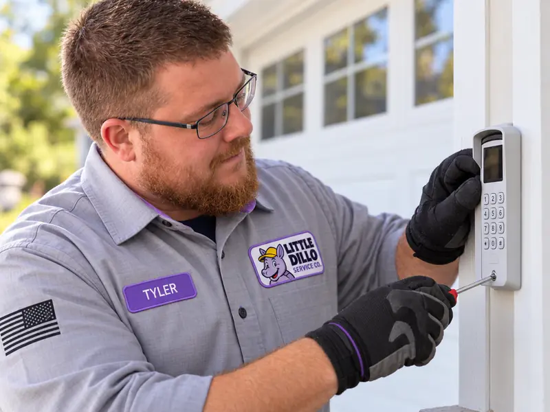 Tyler from Little Dillo installing a wireless keypad for a garage door opener
