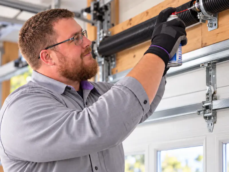 Little Dillo technician lubricating a garage door torsion spring during a tune-up